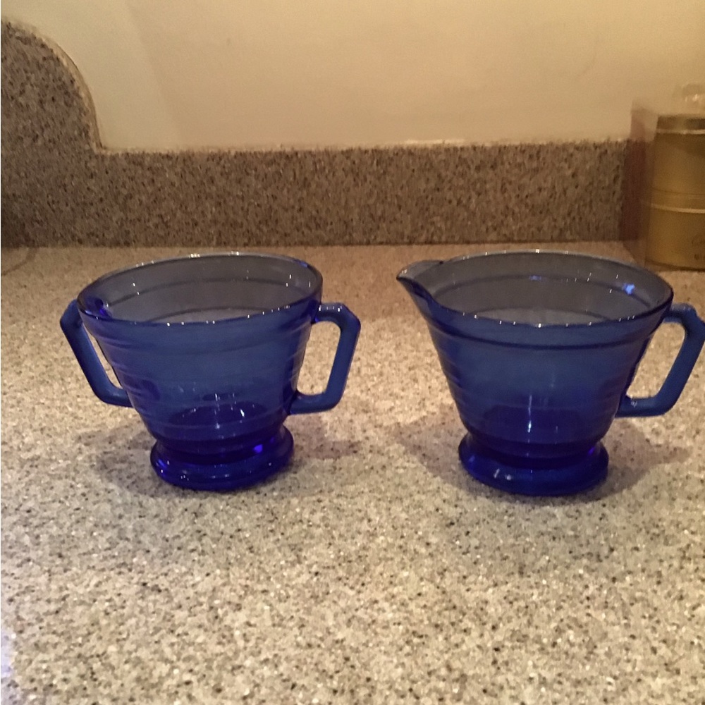 HAZEL ATLAS 1930'S MODERNTONE COBALT BLUE CREAMER AND OPEN SUGAR BOWL EXCELLENT